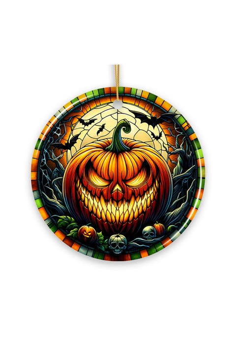 Grim Grinning Gourd Stained Glass Style Ornament