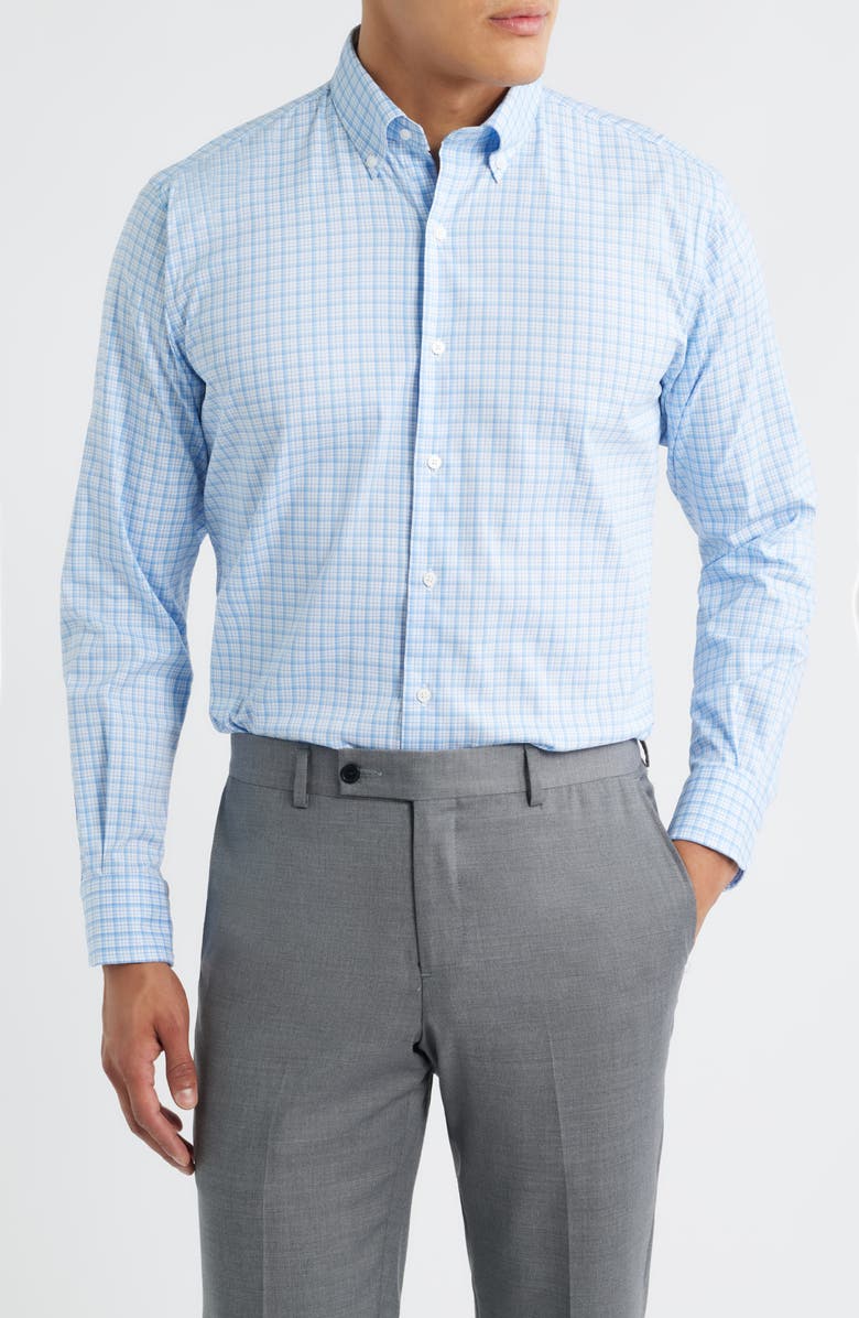 Peter Millar Crown Lite Shadow Check Performance Twill Button-Down Shirt, Main, color, Cottage Blue