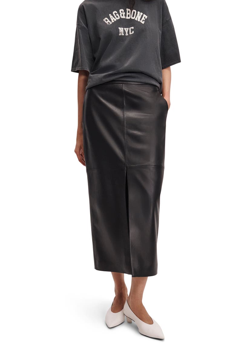 Bessie Leather Midi Skirt, Alternate, color, BLACK