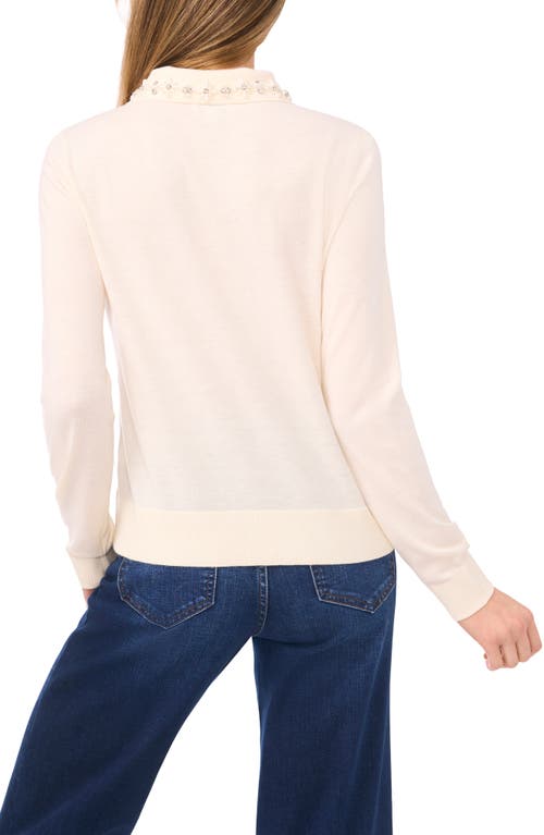 Cece Women's Collared Neck Embellished Polo Sweater In White