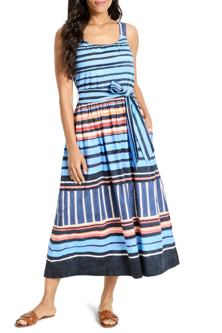 Sophie Painted Peninsula Mixed Stripe Stretch Cotton Midi Dress, Main, color, BLUE MULTI