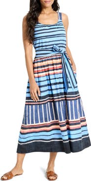 NIC+ZOE Sophie Painted Peninsula Mixed Stripe Stretch Cotton Midi Dress