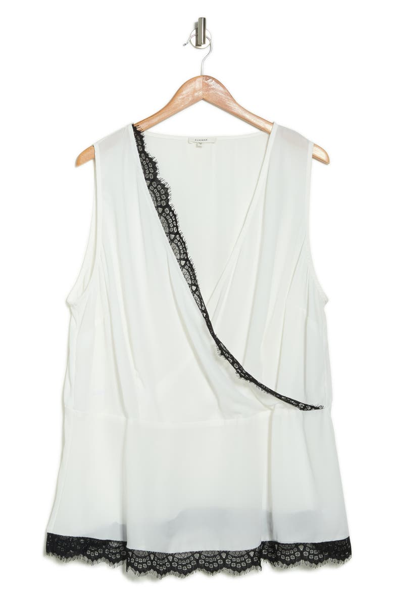 Lace-Trimmed Deep-V Peplum Blouse, Alternate, color, IVORY W/ BLACK LACE