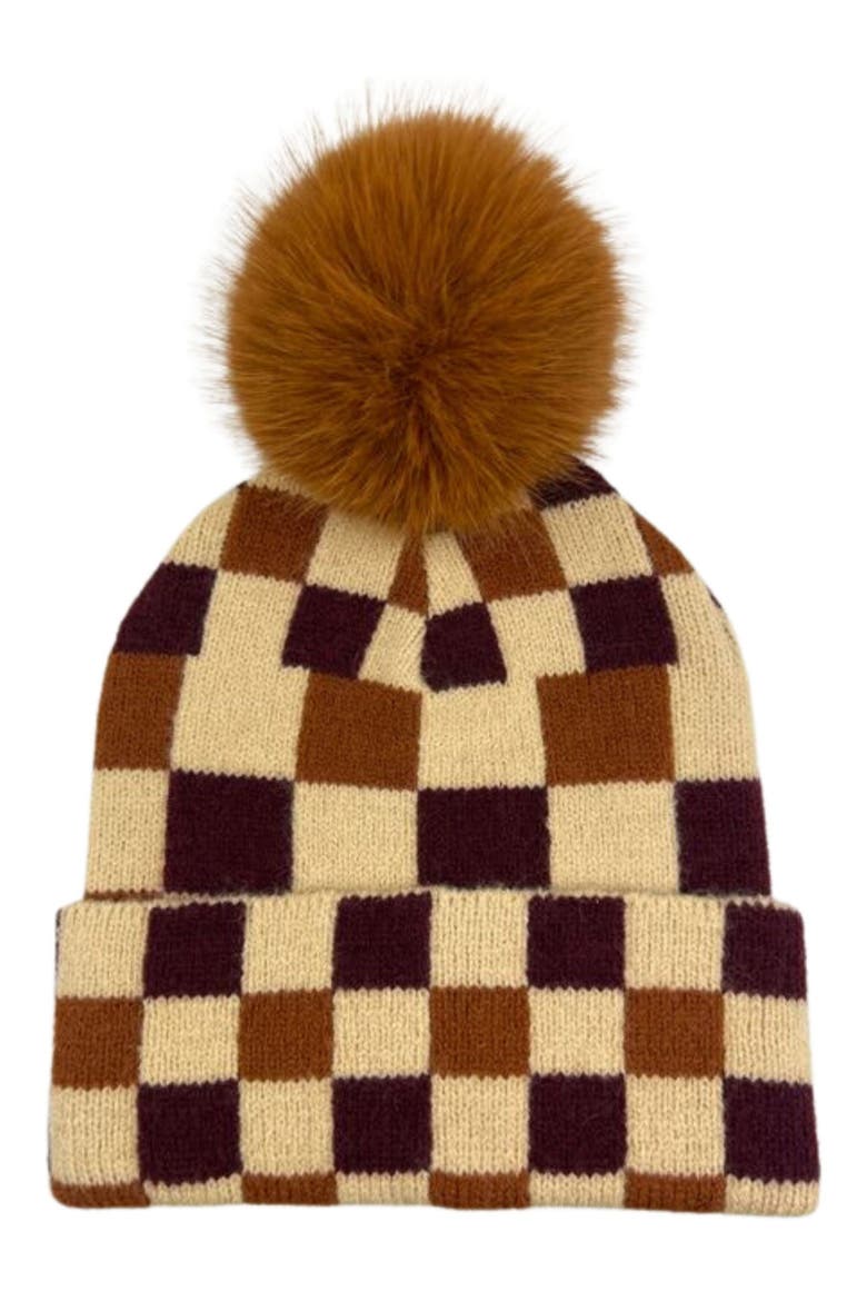 Checkered Faux Fur Pompom Beanie, Main, color, RUST