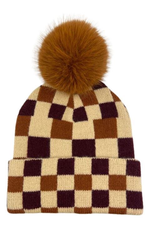Checkered Faux Fur Pompom Beanie