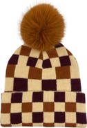 MARCUS ADLER Checkered Faux Fur Pompom Beanie