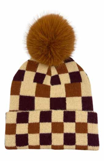 MARCUS ADLER Checkered Faux Fur Pompom Beanie