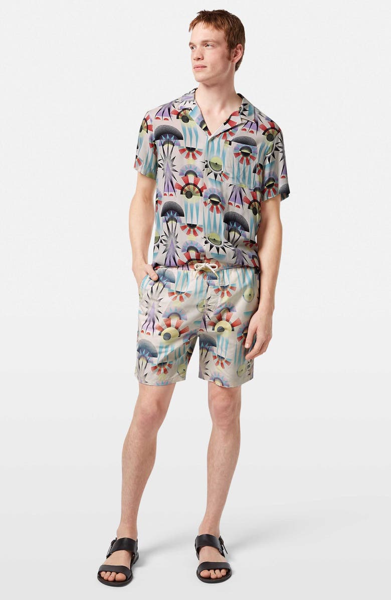 Scotch & Soda Print Mid Length Swim Trunks, Alternate, color, Luna Pier White Aop