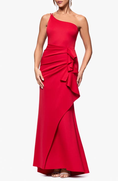 Ruffle One-Shoulder Scuba Knit Gown