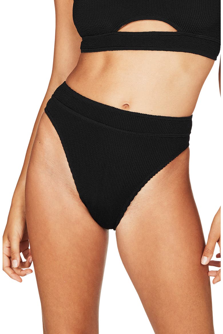 The Savannah High-Waist Ribbed Bikini Bottoms, Main, color, BLACK