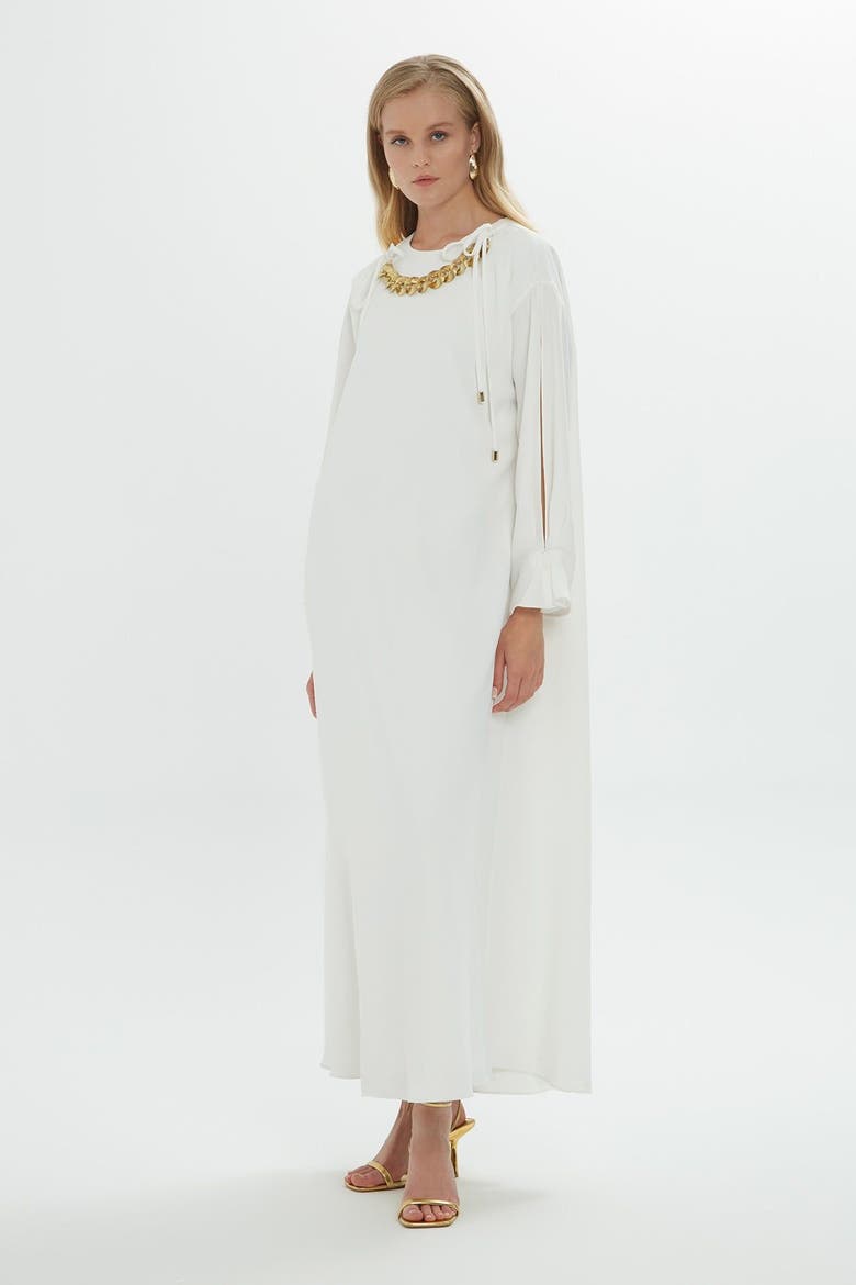 Chain Detail Collar Maxi Dress with Lace-Up Sleeves, Main, color, Beige