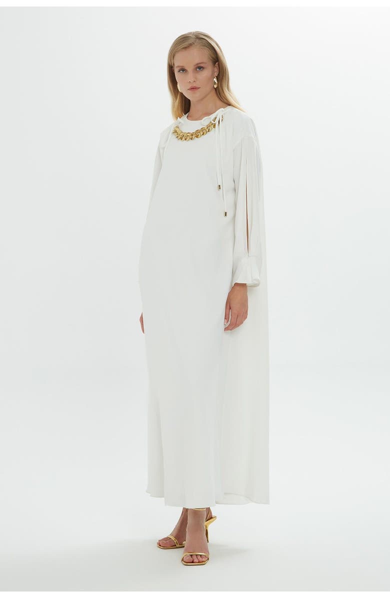 Gizia Long Ecru Women's Dress with Chain-Detail Collar and Lace-Up Sleeves, Main, color, Beige