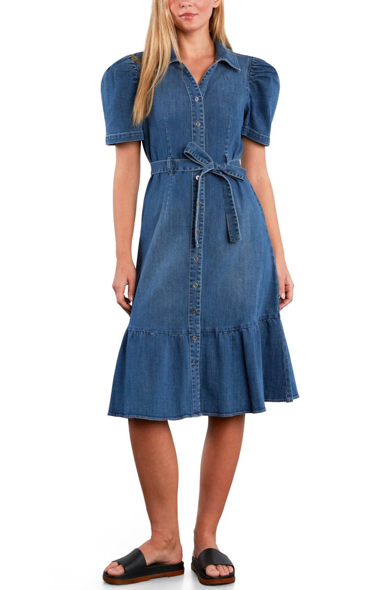 Wash Lab Denim Muse Belted Puff Sleeve Denim Midi Shirtdress, Alternate, color, Marina Blue