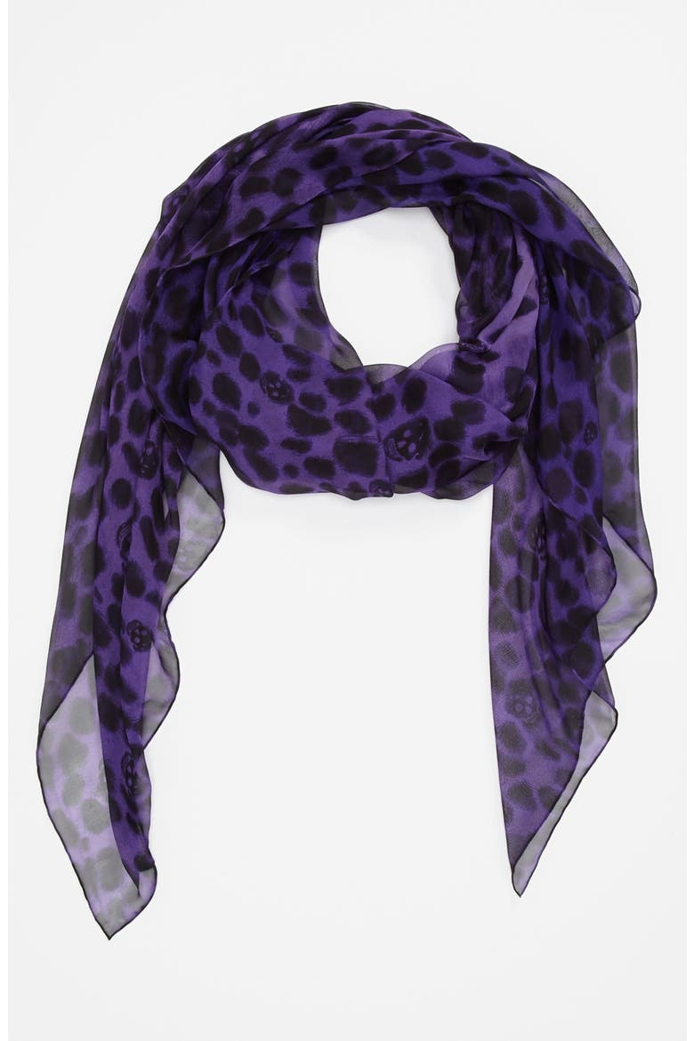 Alexander McQueen 'Leopard Skull' Chiffon Scarf, Main, color, DARK PURPLE/ BLACK