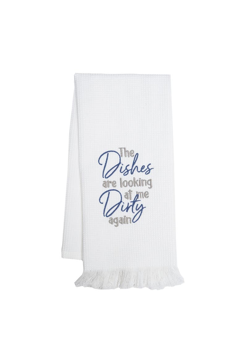Dishes Looking At Embroidered Waffle Weave Kitchen Towel, Main, color, White