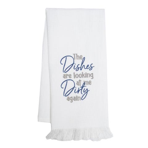 Dishes Looking At Embroidered Waffle Weave Kitchen Towel