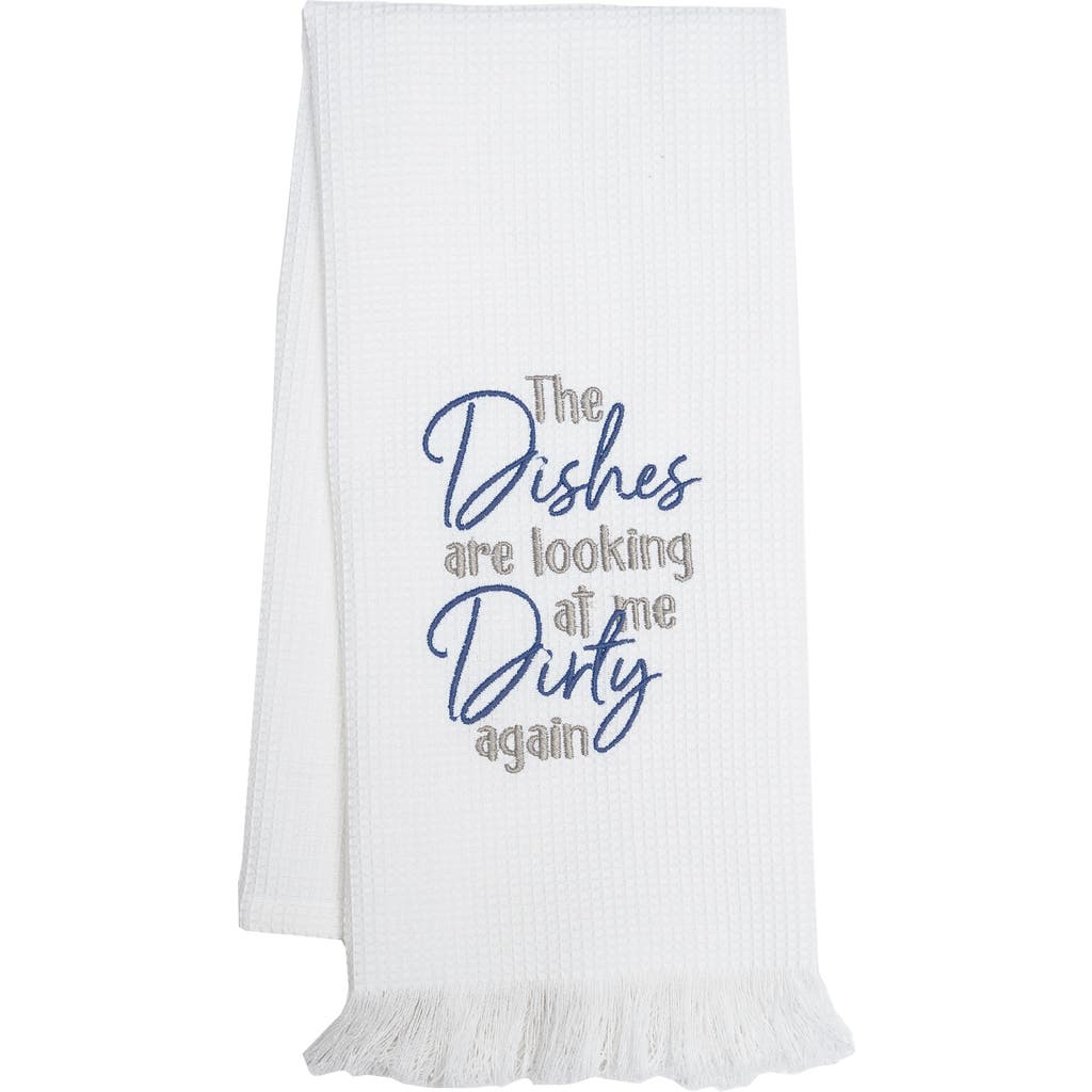 Carol & Frank Dishes Looking At Embroidered Waffle Weave Kitchen Towel In White