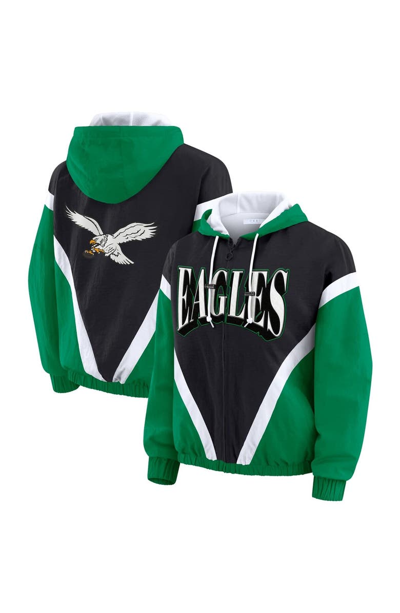 WEAR by Erin Andrews Women's WEAR by Erin Andrews Kelly Green/Black Philadelphia Eagles Plus Size Retro Crinkle Full-Zip Windbreaker Jacket, Main, color, Kelly Green