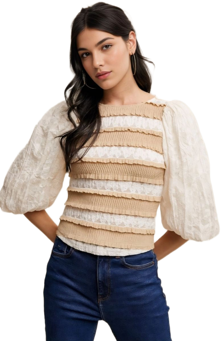 Knit and Lounge Puff Sleeve Ruffle Trim Soft Floral Pattern Top, Main, color, 