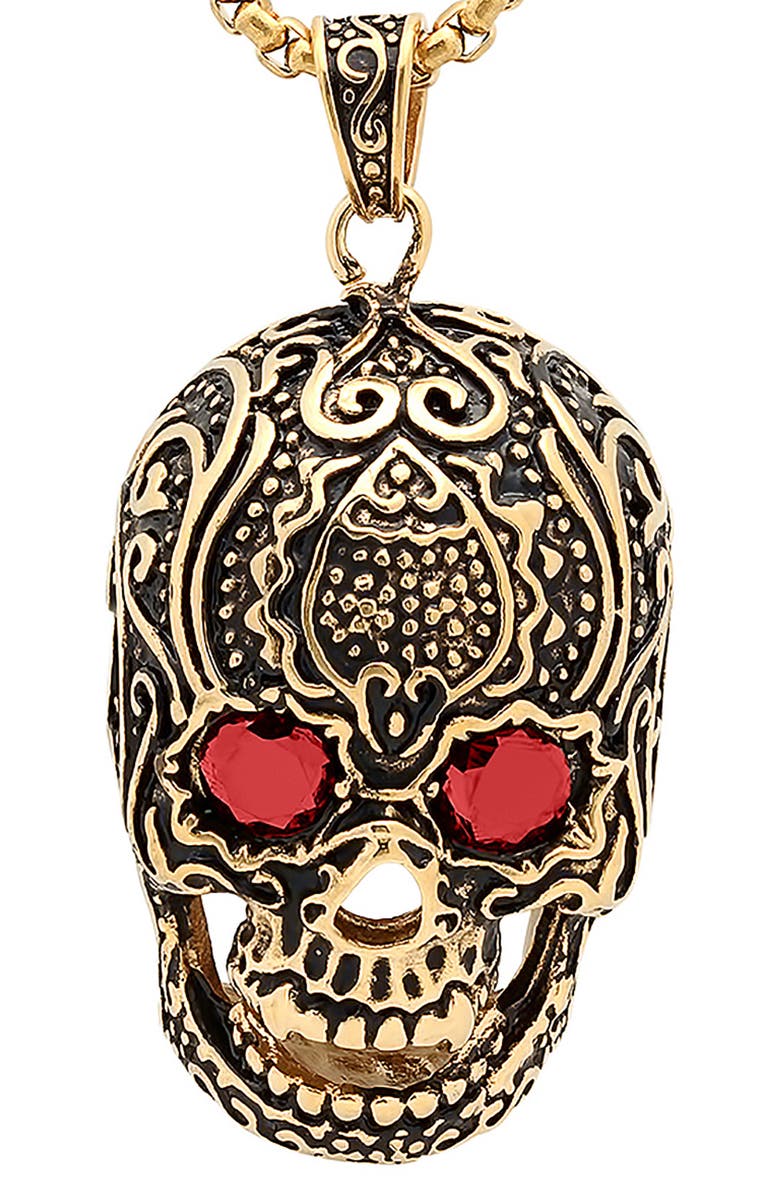 HMY JEWELRY 18K Gold Plated Stainless Steel Skull Pendant Necklace, Alternate, color, Yellow