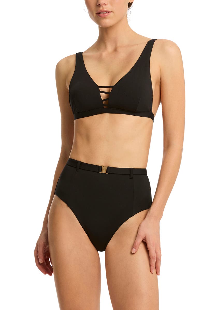 Sea Level Lattice Retro Belted High Waist Bikini Bottoms, Alternate, color, Black