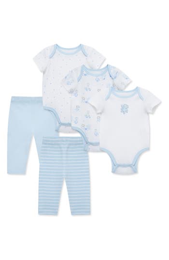 Little Me Baby Boys Cute Cotton Bodysuits & Pants, 5 Piece Set In Blue