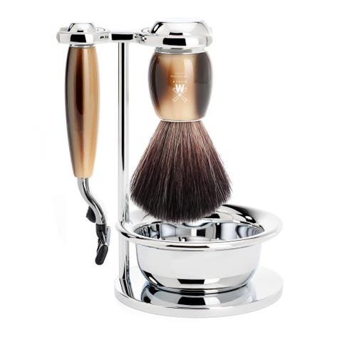 Vivo Brown Horn 4-Piece Black Fiber & Mach-3 Shaving Set