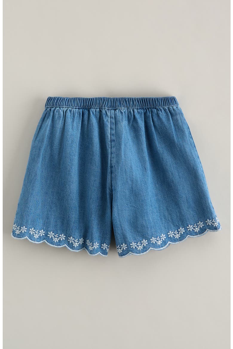 Kids' Embroidered Scalloped Hem Cotton Chambray Shorts, Alternate, color, MID GEM WASH