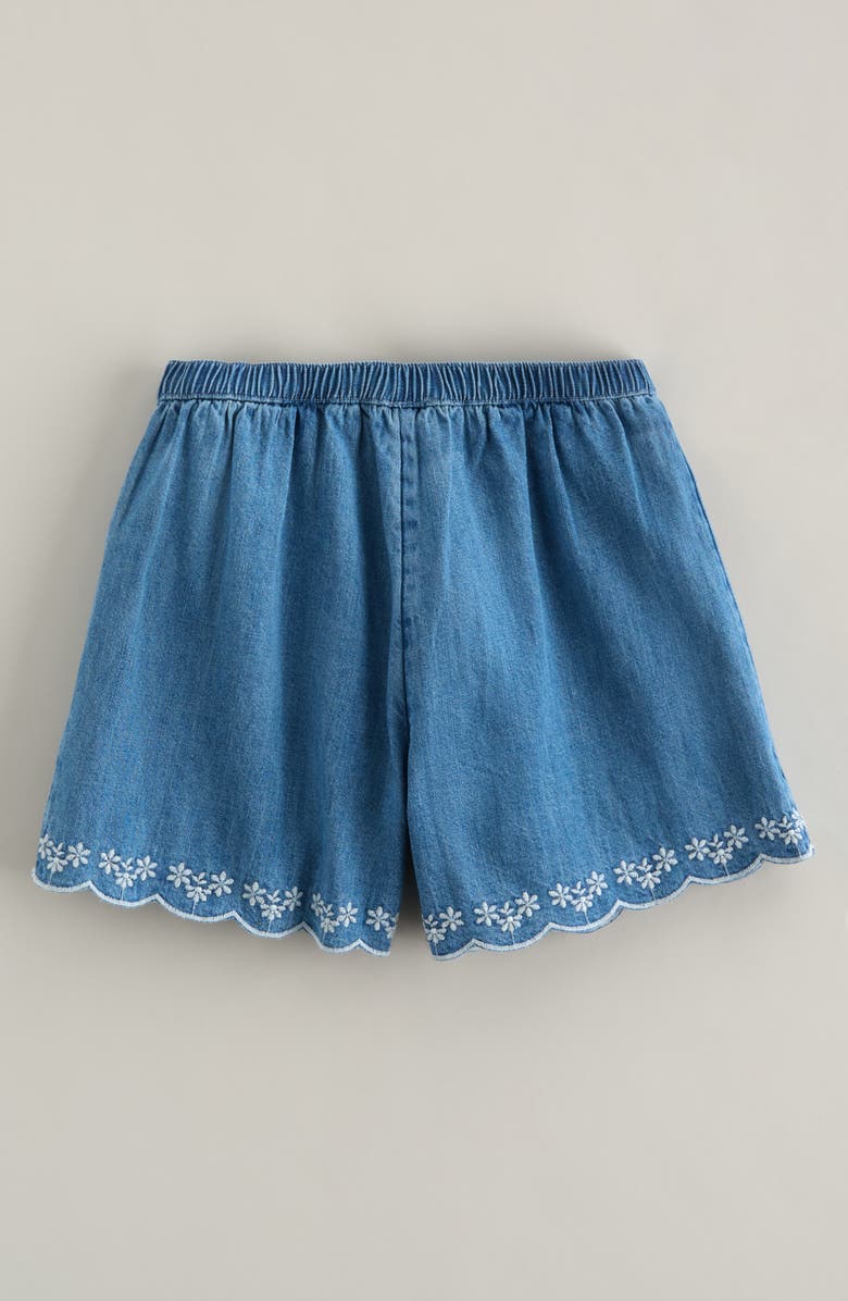 Nordstrom Kids' Embroidered Scalloped Hem Cotton Chambray Shorts, Alternate, color, Mid Gem Wash