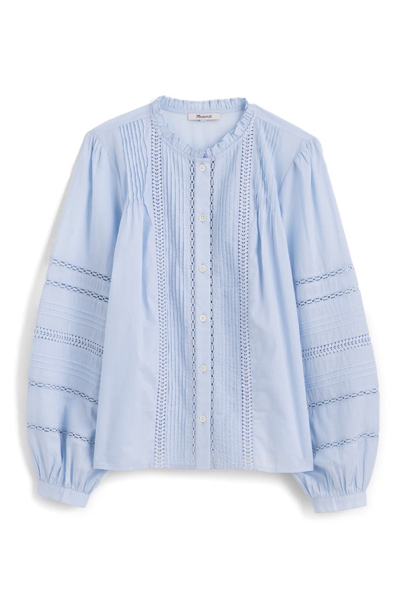 Madewell High Neck Lace Detail Pintuck Cotton Top, Alternate, color, Soft Blue