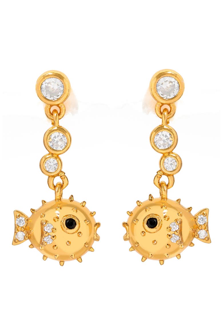 Pufferfish Cubic Zirconia Dangle Earrings, Main, color, GOLD