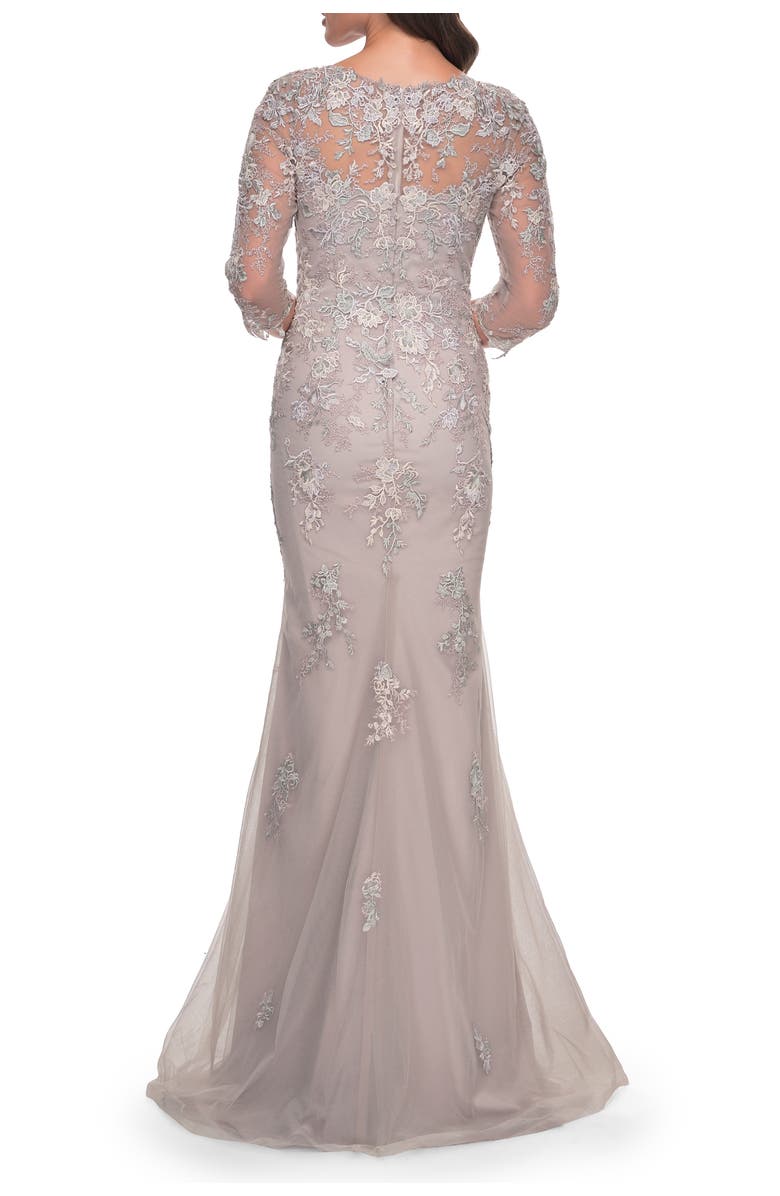 La Femme Mermaid Tulle and Lace Dress with Illusion Sleeves, Alternate, color, Dusty Lilac