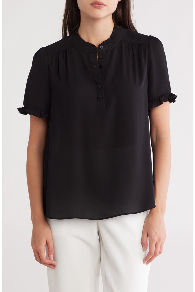 Ruffle Neck Short Sleeve Top, Main, color, BLACK