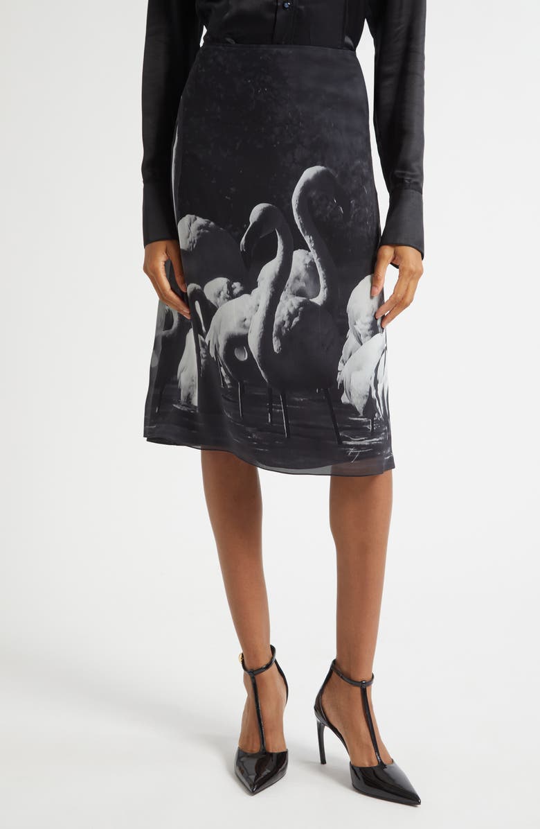 FERRAGAMO Trinidad Print Silk Georgette Midi Skirt, Main, color, Light Grey/ Nero