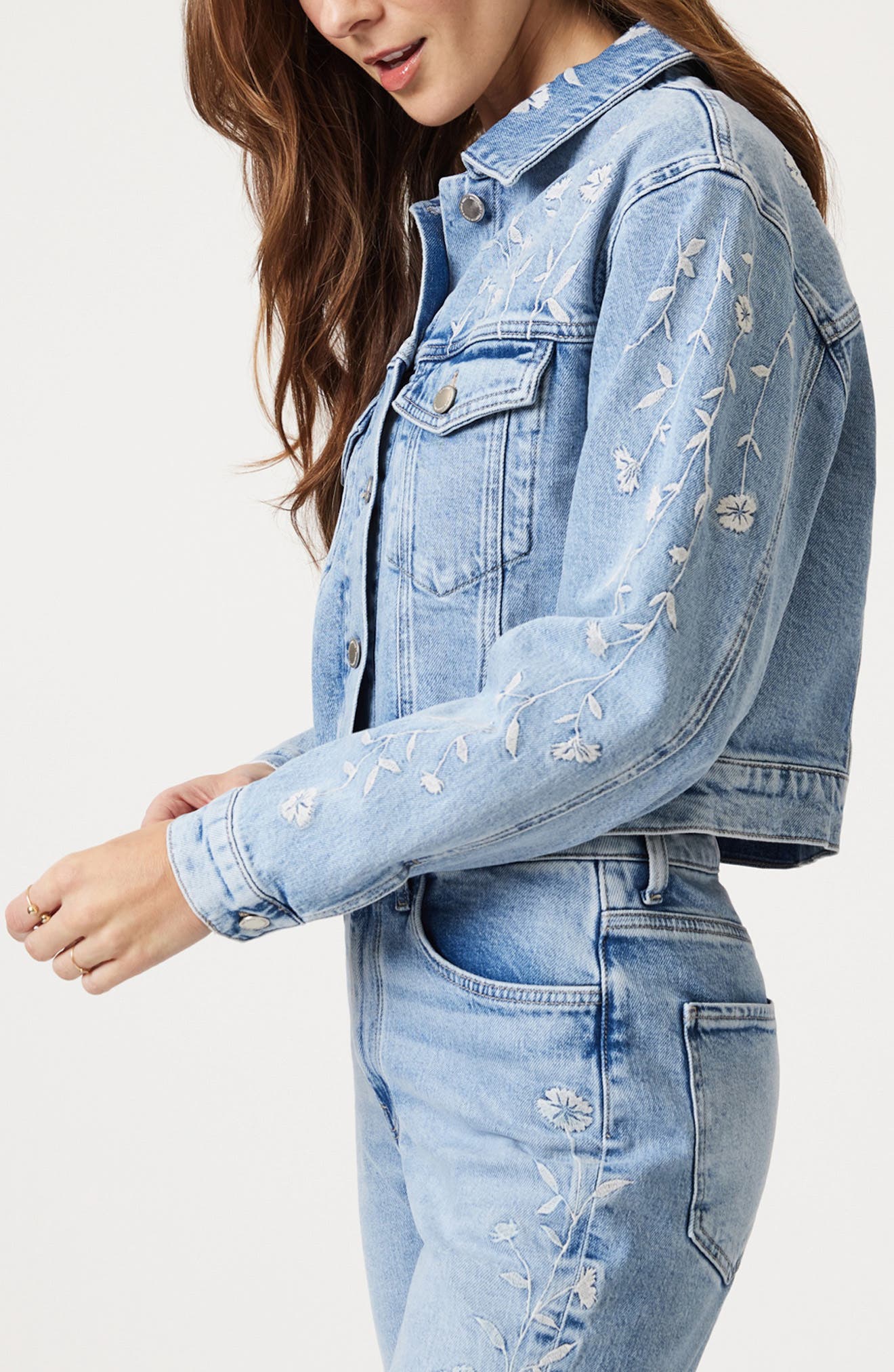 Harmony Floral Embroidered Crop Denim Jacket (Women) | Nordstrom