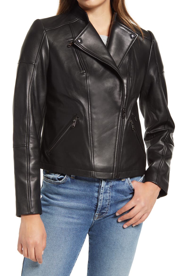 Lambskin Leather Moto Jacket, Alternate, color, BLACK