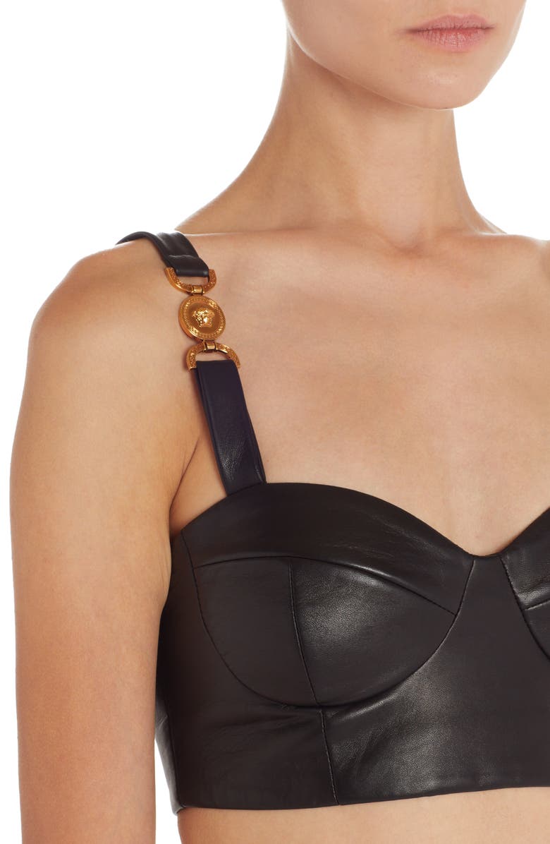 Versace Medusa Strap Detail Lambskin Leather Bra Top, Alternate, color, 
