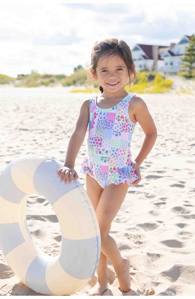 Florence Eiseman Patchwork Floral Hip Ruffle Swimsuit, Alternate, color, Multi