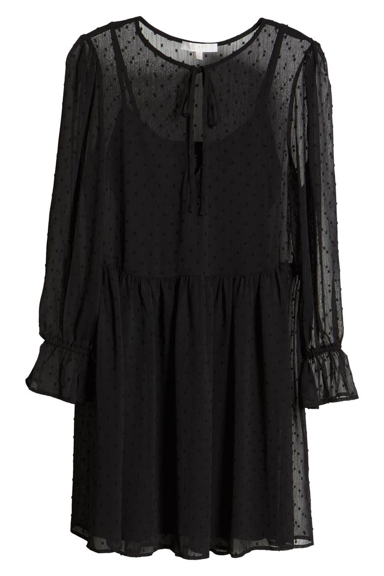 Long Sleeve Swiss Dot Minidress, Alternate, color, BLACK