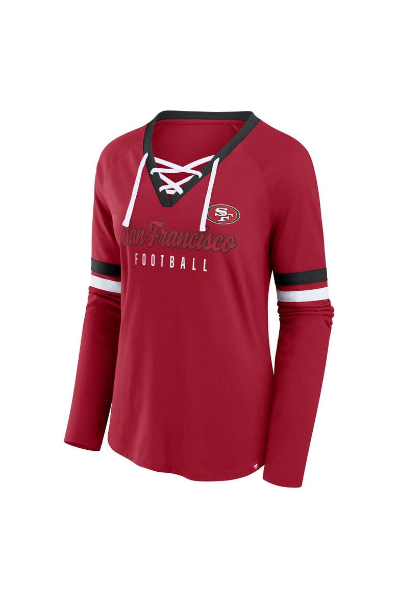 Women's Fanatics Scarlet San Francisco 49ers Plus Size Won & Done Lace-Up V-Neck Long Sleeve T-Shirt, Alternate, color, Scarlet