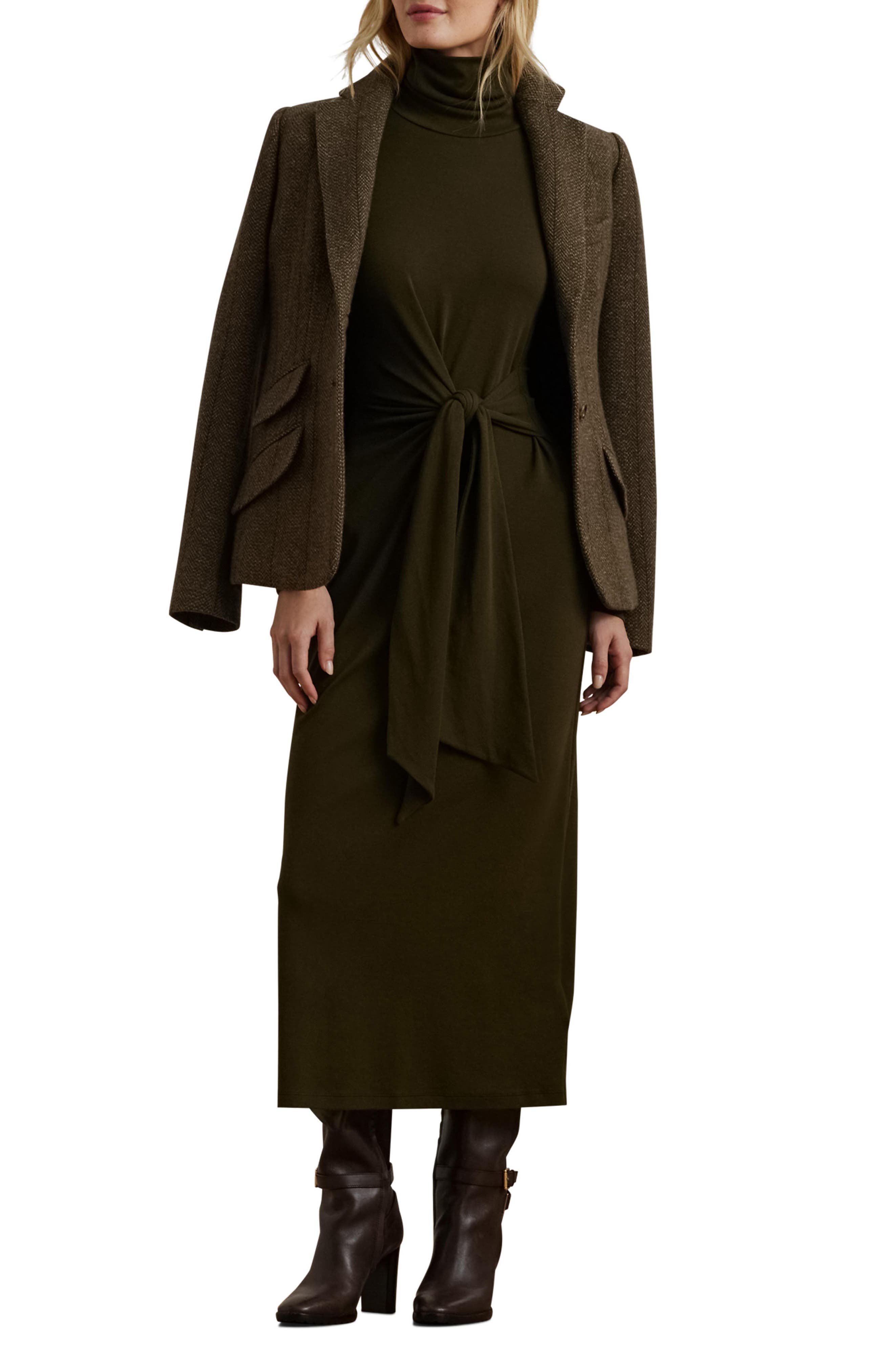 Lauren Ralph Lauren Tie Waist Long Sleeve Rib Dress (Women) | Nordstromrack