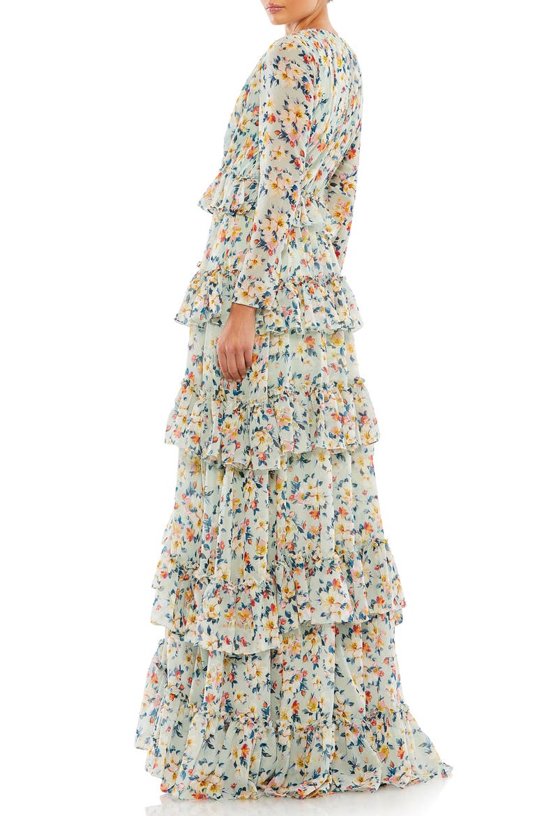 Floral Printed Tiered Ruffle Long Sleeve Gown, Alternate, color, MULTI