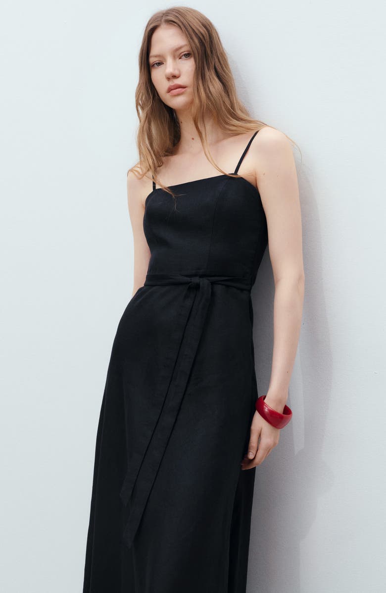 MANGO Bow Linen Sundress, Alternate, color, Black