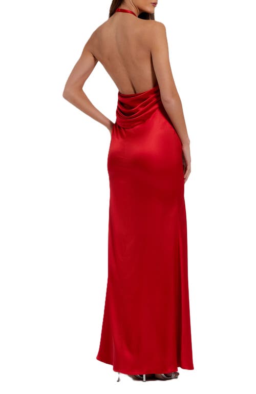 Mac Duggal Fitted Satin Sleeveless Halter Gown With 3d Flower In Red