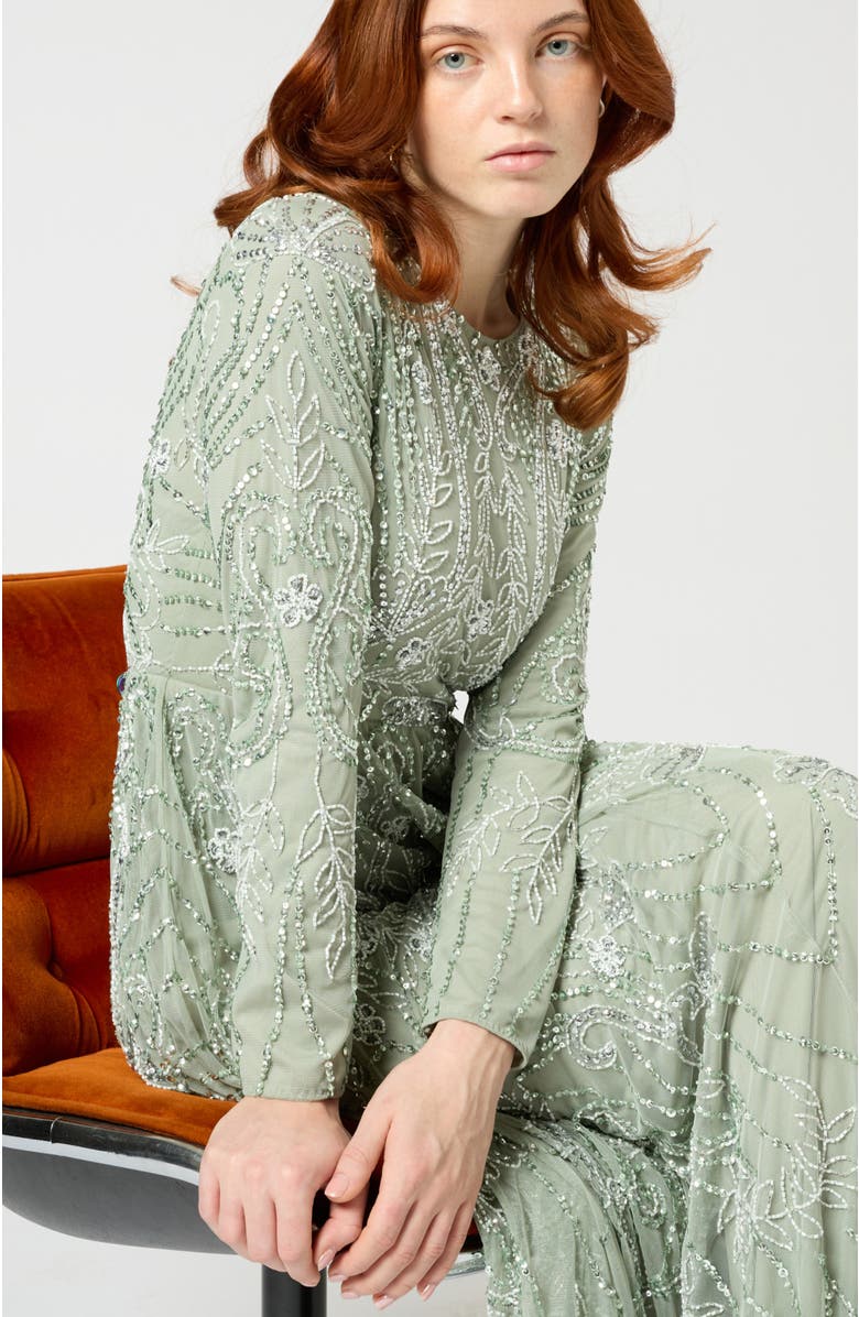 MARYISA Occasion Modest Embellished Sequin Beaded Floral High Neck Evening Gown, Alternate, color, Sage Green