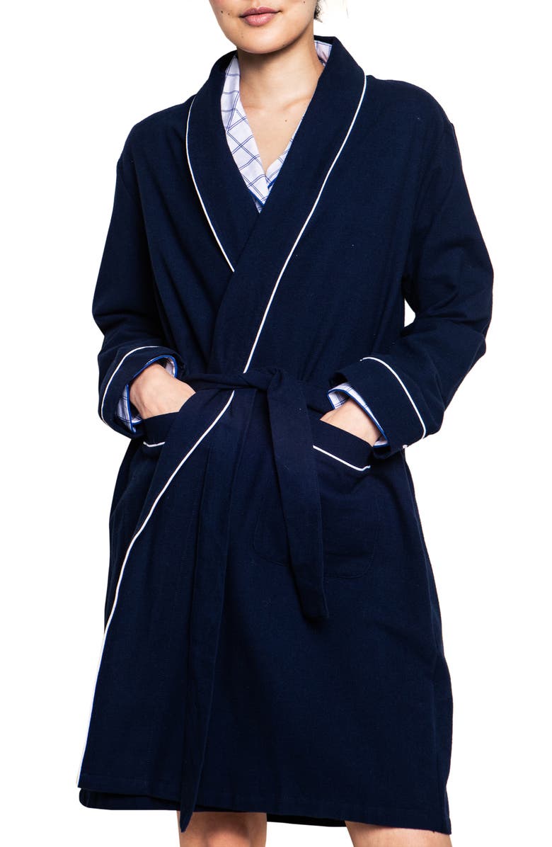 Petite Plume Cotton Flannel Robe, Main, color, Navy