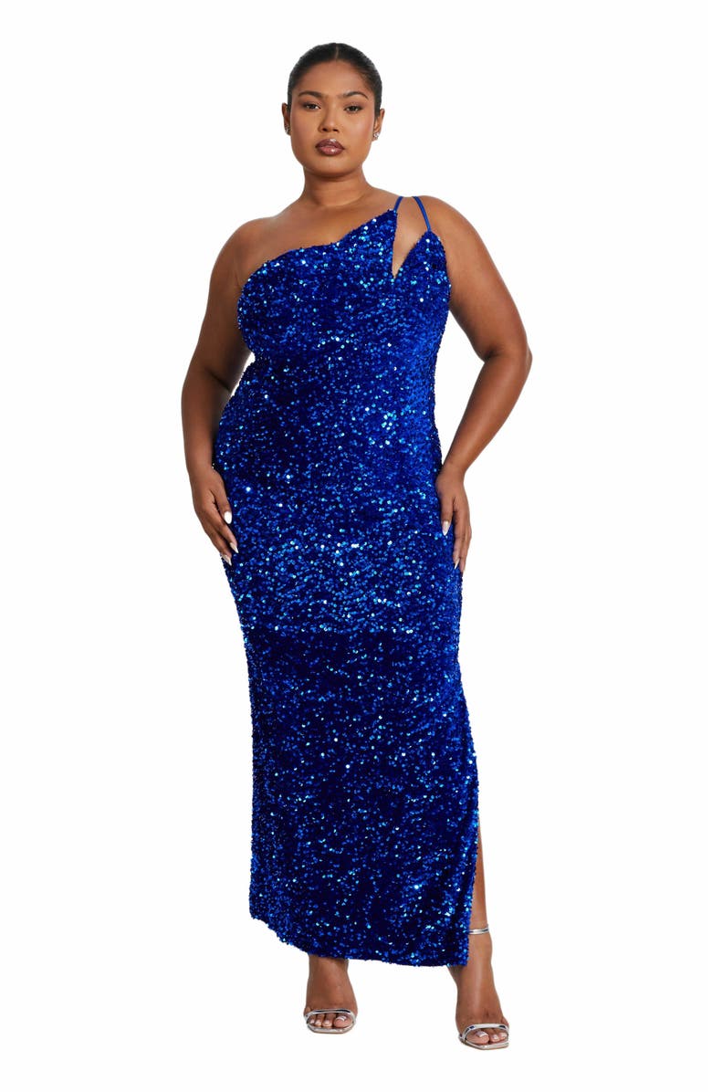 QUIZ Plus Size One Shoulder Cut Out Sequin Maxi Dress, Main, color, Royal Blue