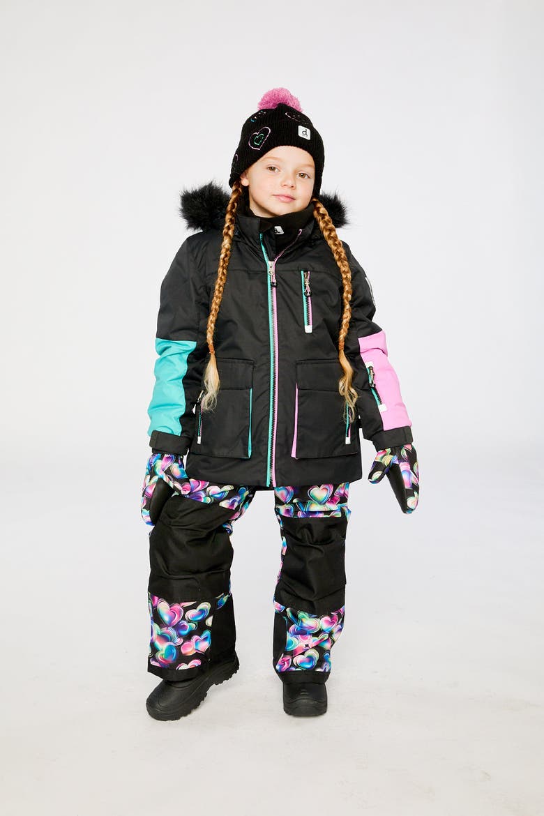 Play Colorblock Jacket & Heart Pants Two Piece Snowsuit, Alternate, color, Blue, Pink & Black Heart Print