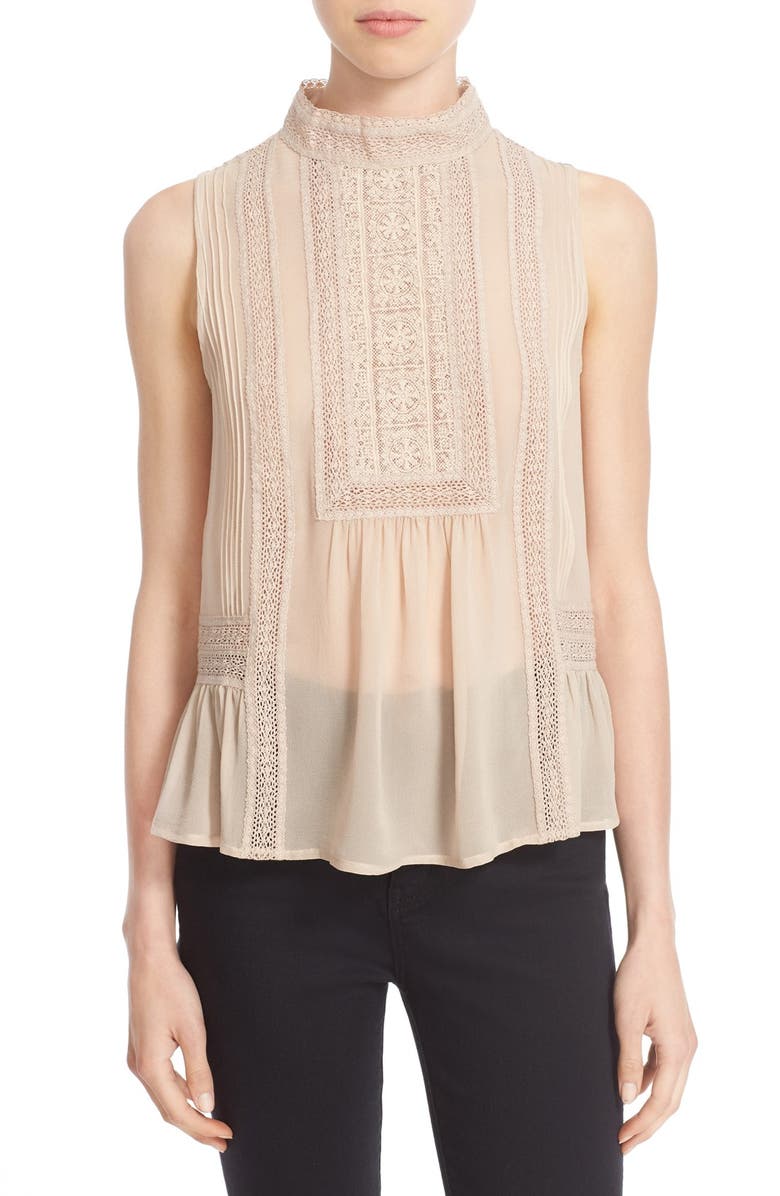 Joie Lace Trim Sleeveless Silk Blouse, Main, color, Almond