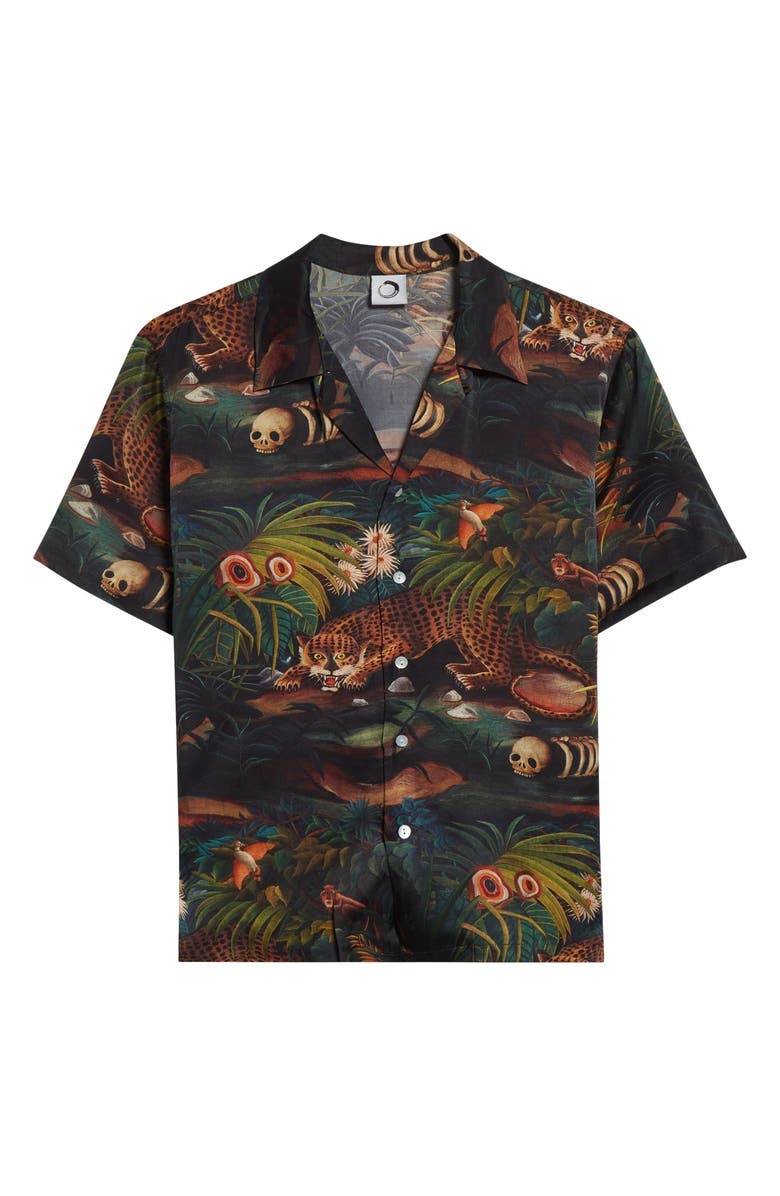 ENDLESS JOY Jungle Print Silk Satin Camp Shirt, Alternate, color, Black Multi